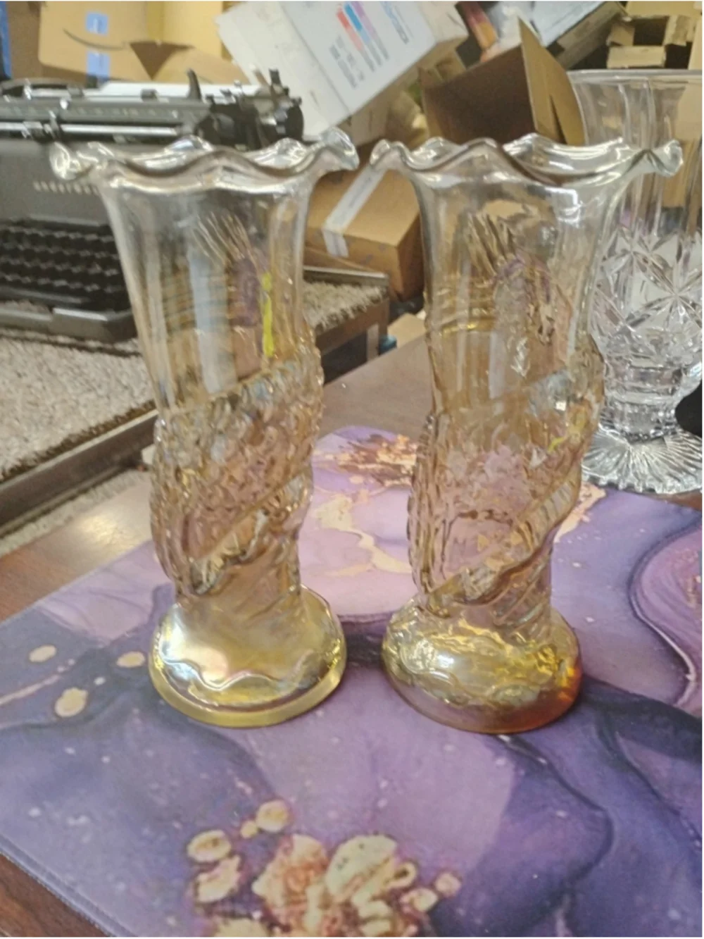 Vintage Flower Vase Pair Carnival Glass Marigold Koi Fish Design Decorative